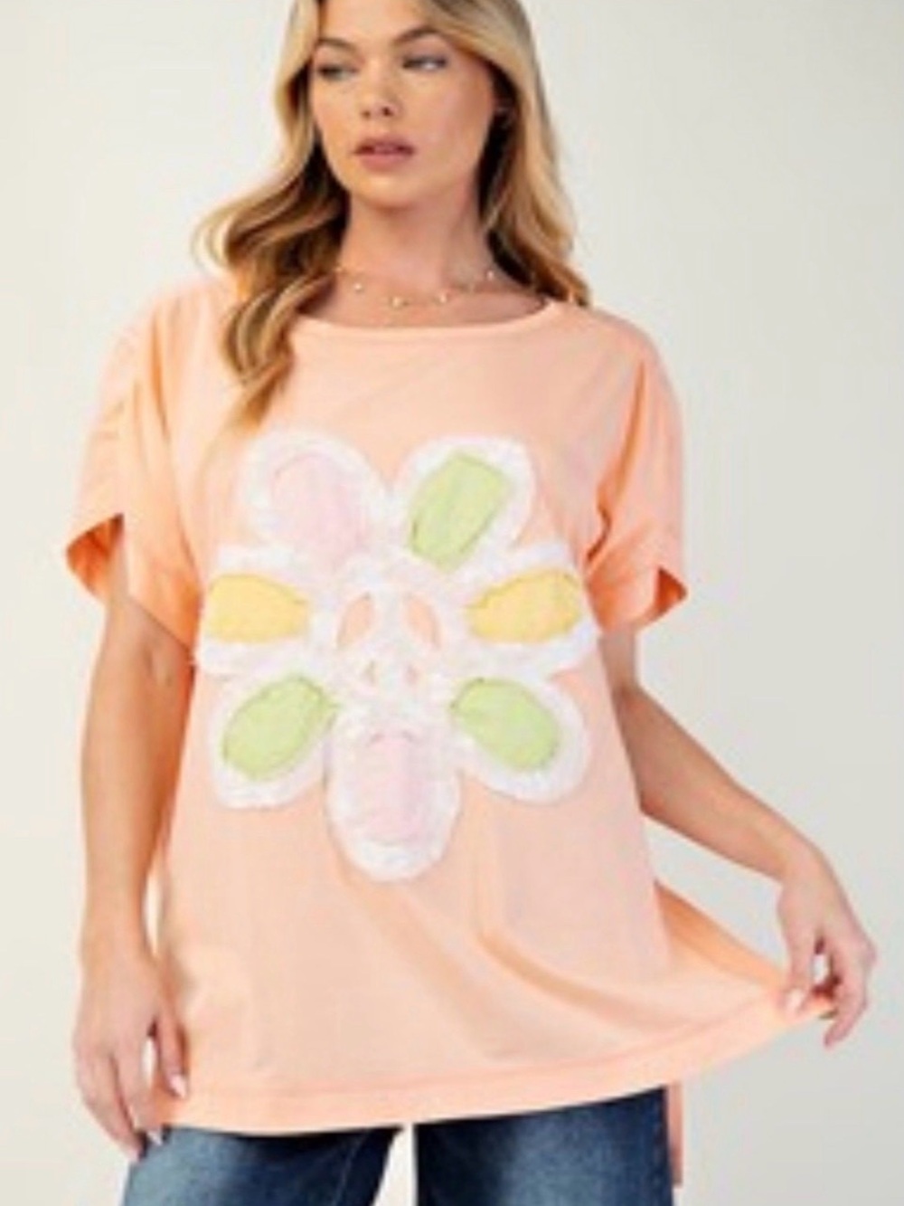 Easel Peach Floral Peace Lace Oversized Tee - Size S (fits up to 1X)
